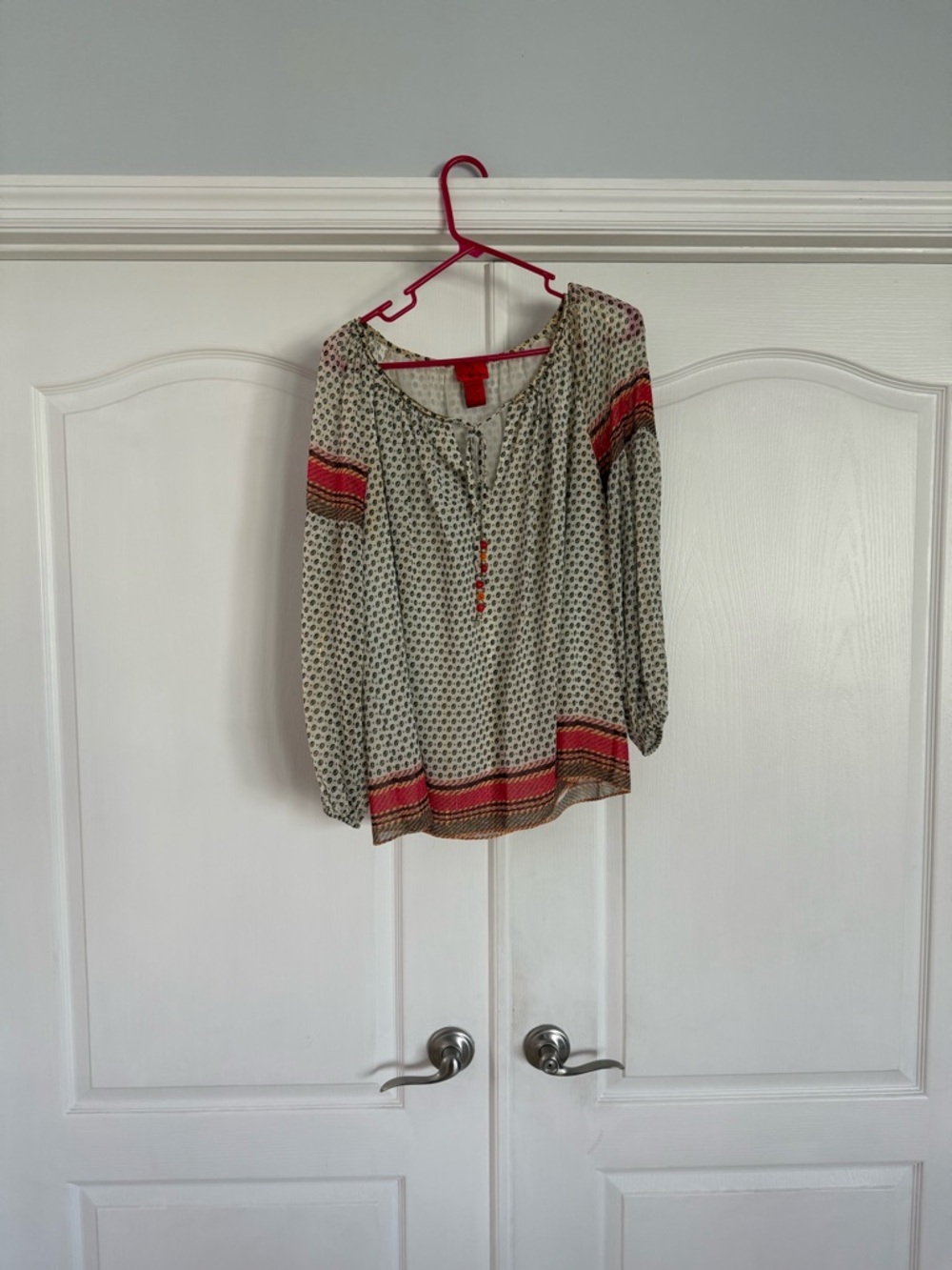 Lightweight Cream Boho Peasant Top with Red Trim